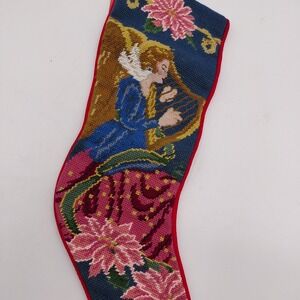 Vtg Needlepoint Handmade Embroidered Christmas Stocking Angel Cottage Cabin